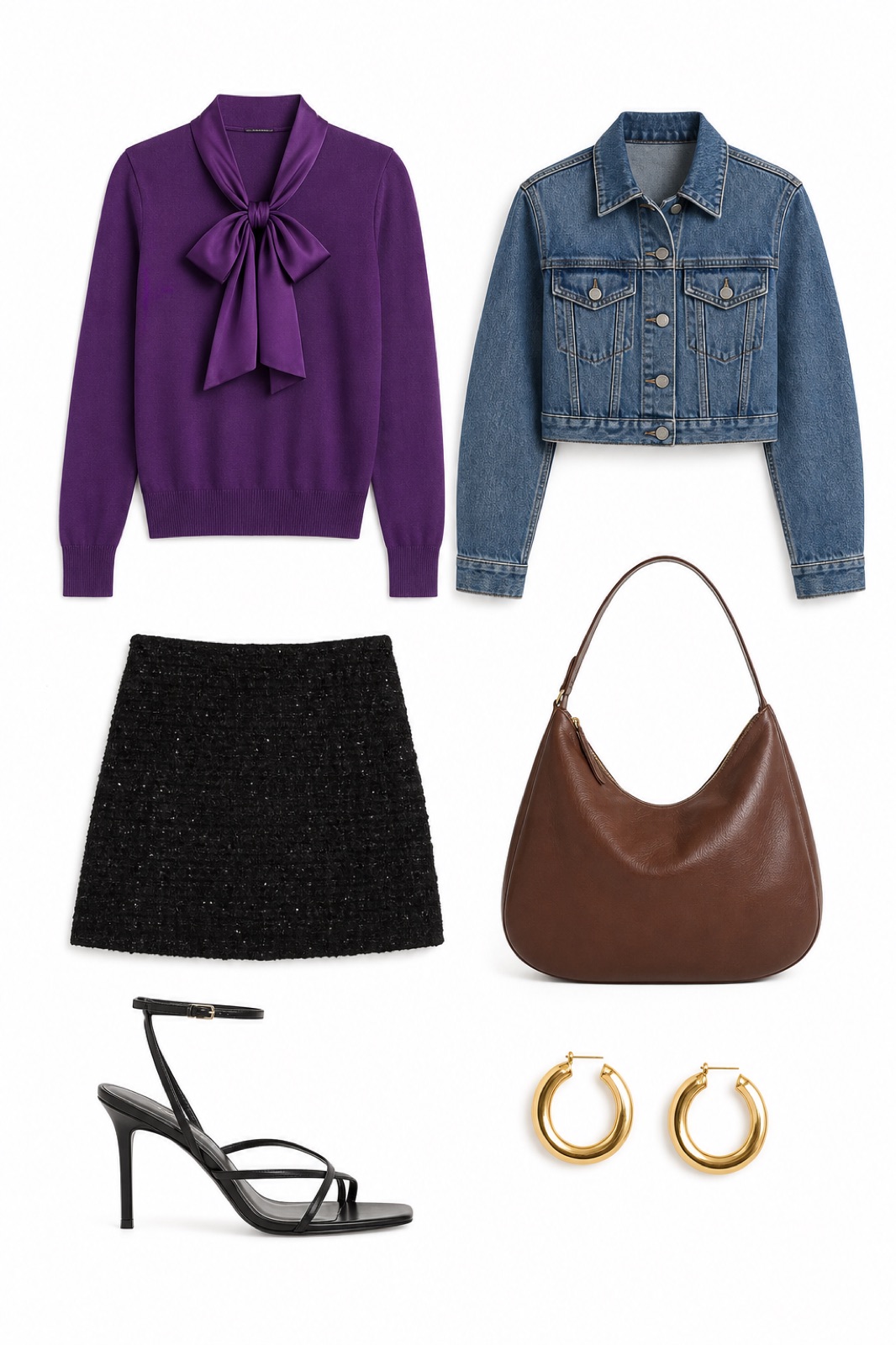 Outfit with Purple Pussy-Bow Sweater, Black Tweed Mini Skirt, Black Strappy Heeled Sandals curated by @dopasnap