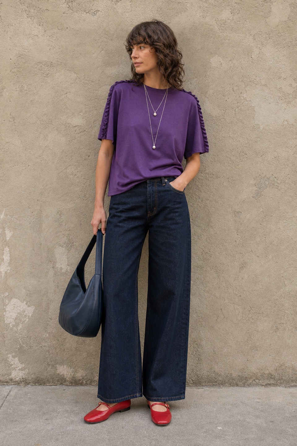 Outfit with Purple Ruffle-Trim Silk Blend T-Shirt, Navy Wide-Leg Dark Denim Jeans, Red Mary Jane Flats curated by @dopasnap