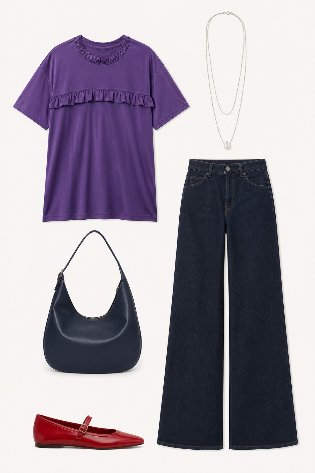 Outfit with Purple Ruffle-Trim Silk Blend T-Shirt, Navy Wide-Leg Dark Denim Jeans, Red Mary Jane Flats curated by @dopasnap