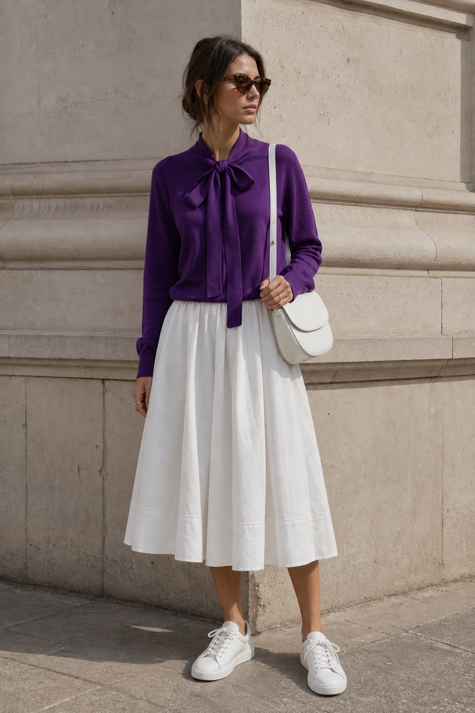 Outfit with Purple Pussy-Bow Sweater, White Cotton Midi Skirt, White Lace-Up Sneakers curated by @dopasnap