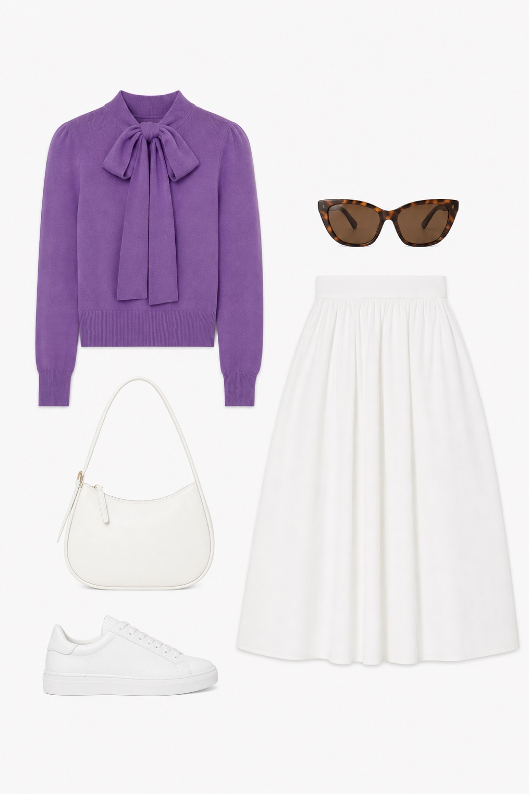 Outfit with Purple Pussy-Bow Sweater, White Cotton Midi Skirt, White Lace-Up Sneakers curated by @dopasnap