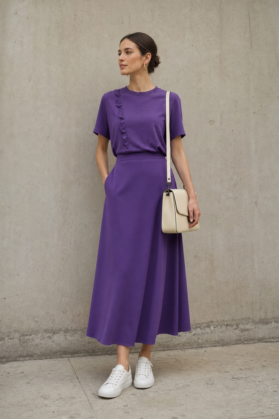 Outfit with Purple Ruffle-Trim Tee, Purple Crepe Skirt, White Canvas Low-Top Sneakers curated by @dopasnap