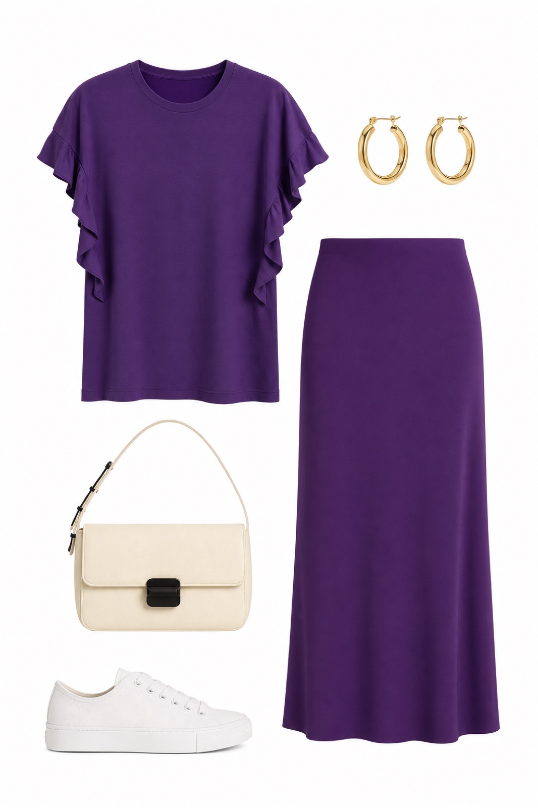 Outfit with Purple Ruffle-Trim Tee, Purple Crepe Skirt, White Canvas Low-Top Sneakers curated by @dopasnap