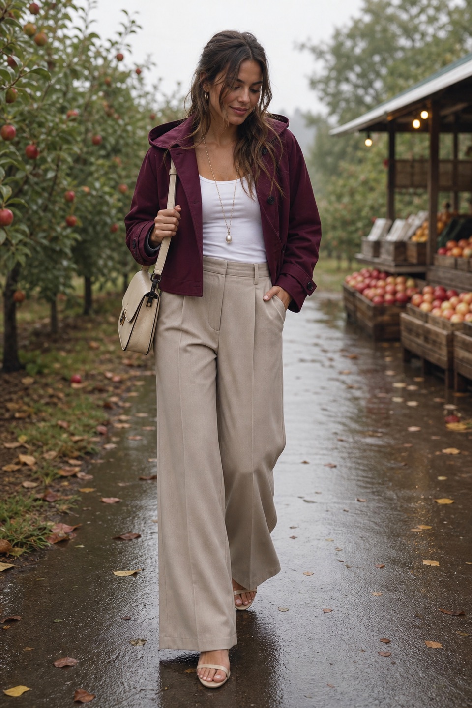 Outfit with White Camisole Tank Top, Wide-Leg Trousers, Burgundy Cropped Hooded Trench Jacket curated by @dopasnap