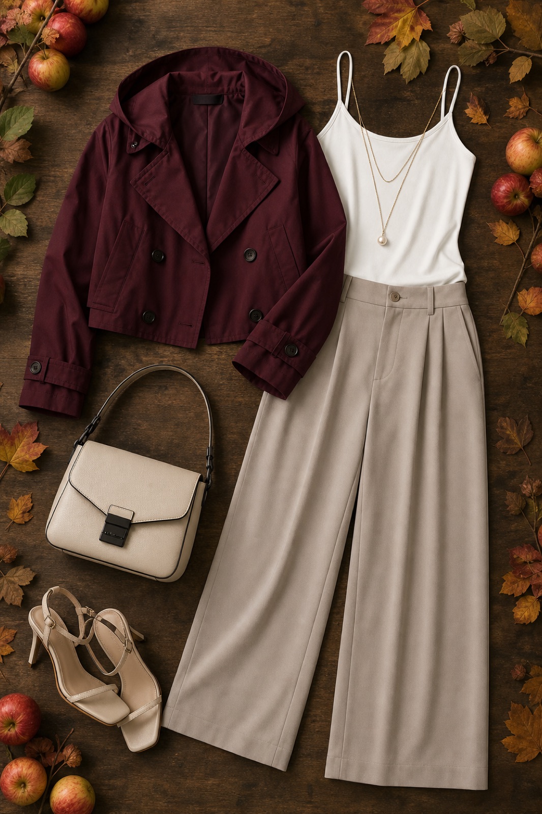 Outfit with White Camisole Tank Top, Wide-Leg Trousers, Burgundy Cropped Hooded Trench Jacket curated by @dopasnap