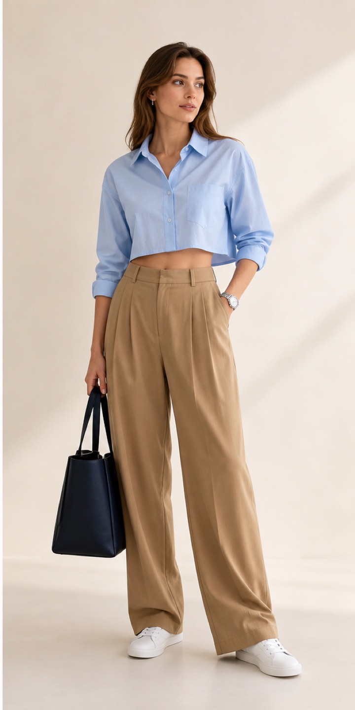 Outfit with Powder-blue cropped poplin shirt, Camel high-rise pleated trousers, White leather sneakers curated by @dopasnap