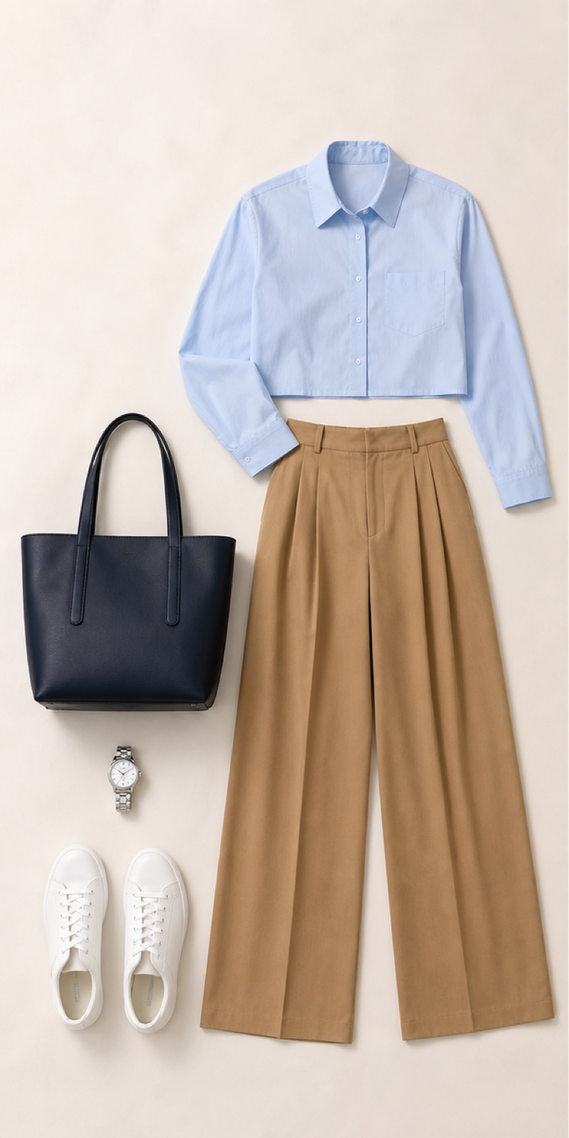 Outfit with Powder-blue cropped poplin shirt, Camel high-rise pleated trousers, White leather sneakers curated by @dopasnap