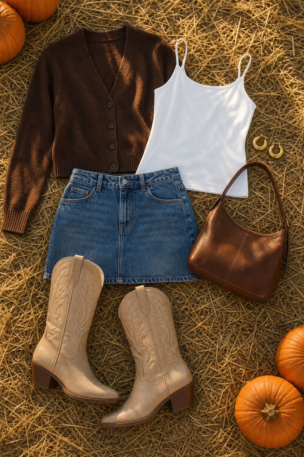 Outfit with White Camisole Tank Top, brown button-front cardigan sweater, Denim Mini Skirt curated by @dopasnap