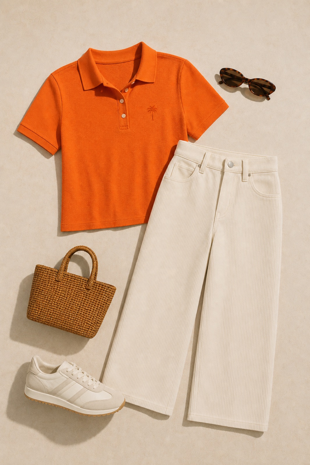 Outfit with Orange short-sleeve polo shirt with embroidered palm logo, Cream ribbed high-waisted wide-leg jeans, Cream retro sneakers curated by @dopasnap