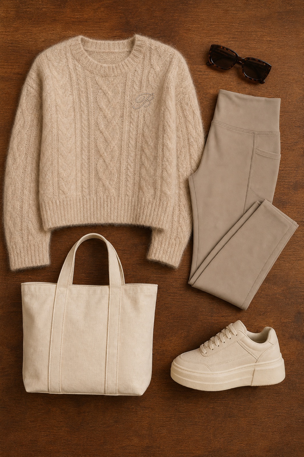 Outfit with Beige Cable-Knit Mohair Sweater, Sogetdo Leggings de entrenamiento con bolsillos para mujer, invisibles, de 7/8 de longitud, cintura alta, leggings de yoga y gimnasio | Hidden Scrunch Hip Tummy Control High Waiste, Platform Sneakers curated by @dopasnap