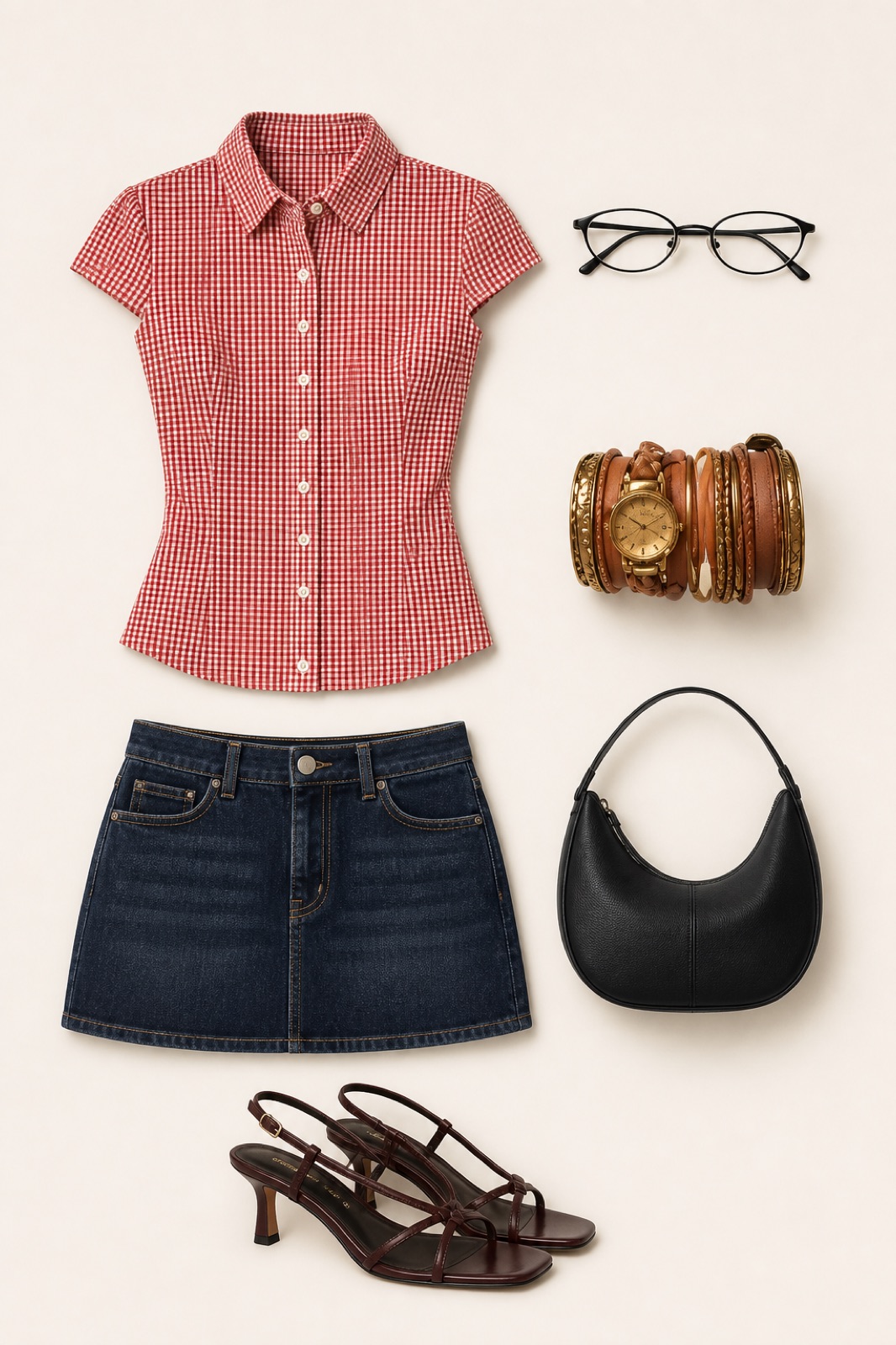 Outfit with Fitted red gingham short-sleeve button-front shirt, Dark indigo denim A-line mini skirt, Small black crescent shoulder bag curated by @JayDopasnap