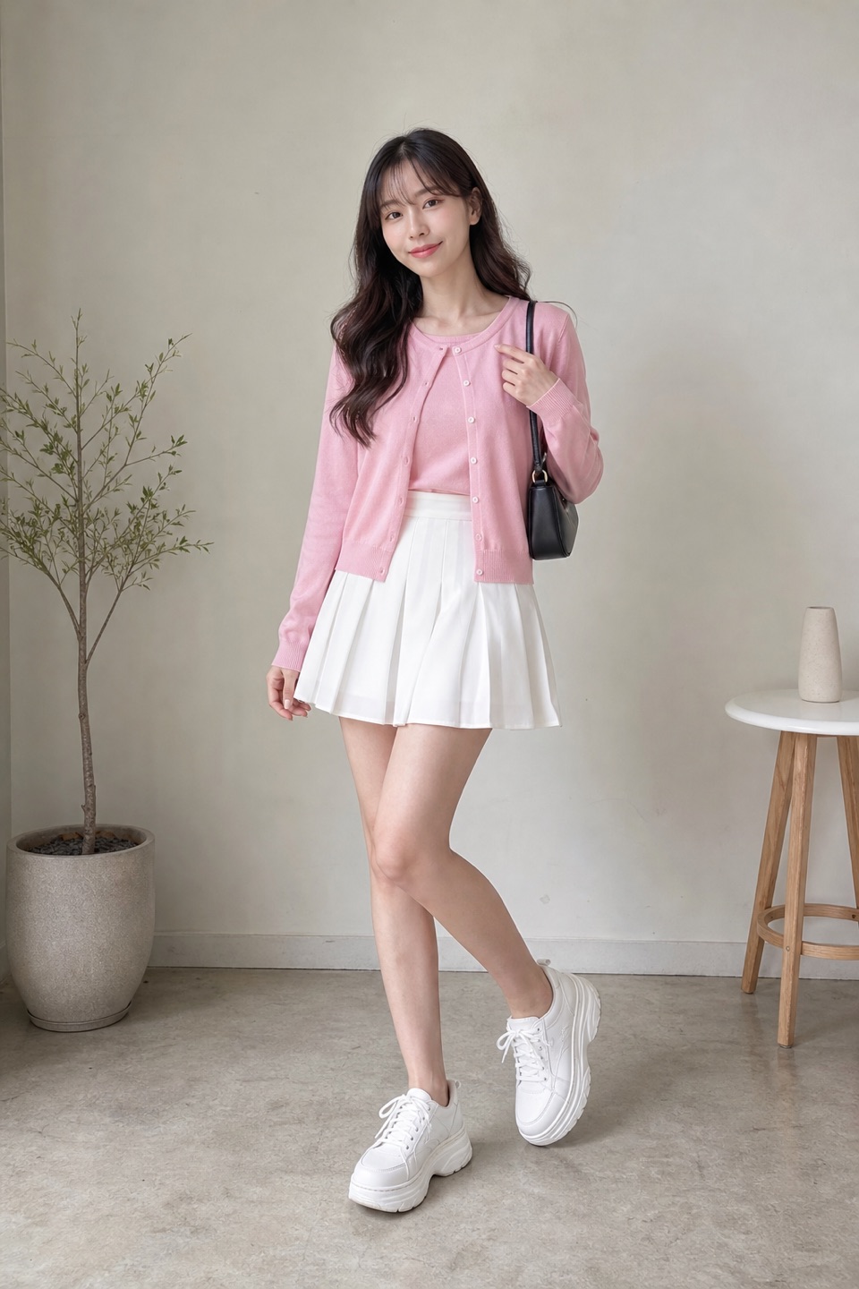 Outfit with Cardigan Sweaters for Women Dressy Pink Lightweight Crew Neck Button, White Women Girl High Waisted Pleated Skirt A-Line Mini Skirt with, Chunky Sneakers for Women Fashion Platform White Leather Casual Dad curated by @dopasnap