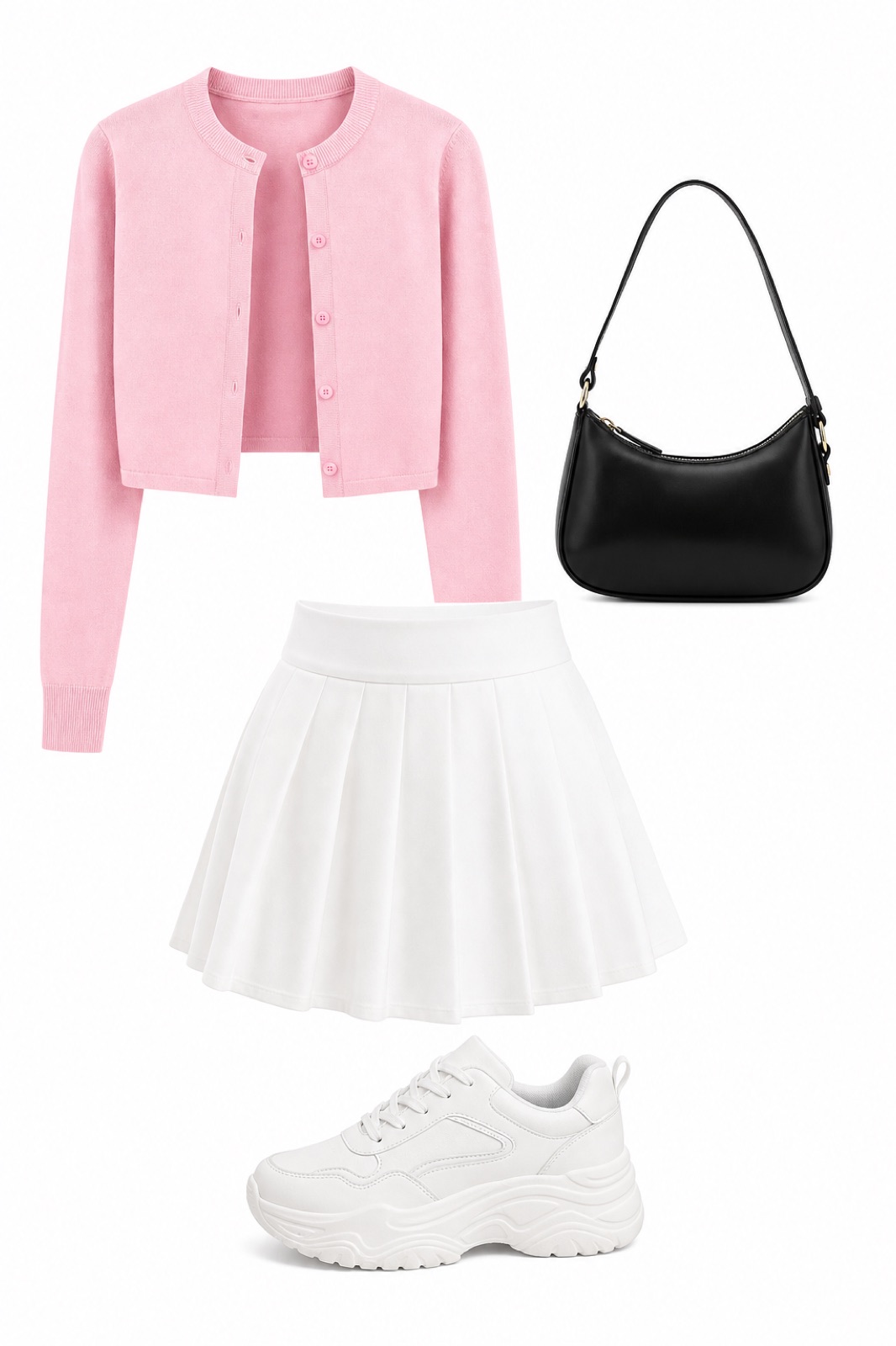 Outfit with Cardigan Sweaters for Women Dressy Pink Lightweight Crew Neck Button, White Women Girl High Waisted Pleated Skirt A-Line Mini Skirt with, Chunky Sneakers for Women Fashion Platform White Leather Casual Dad curated by @dopasnap