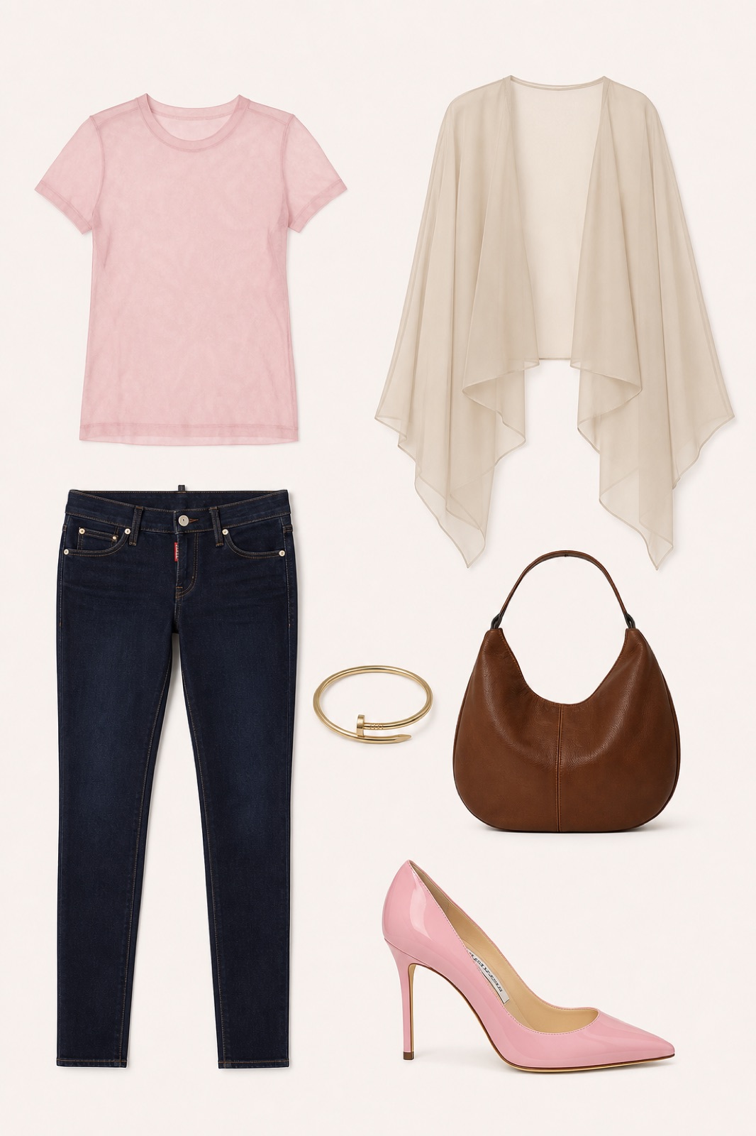Outfit with Pink Sheer Silk Tee, Navy Mini Jeans, Pink Stiletto Pumps curated by @dopasnap