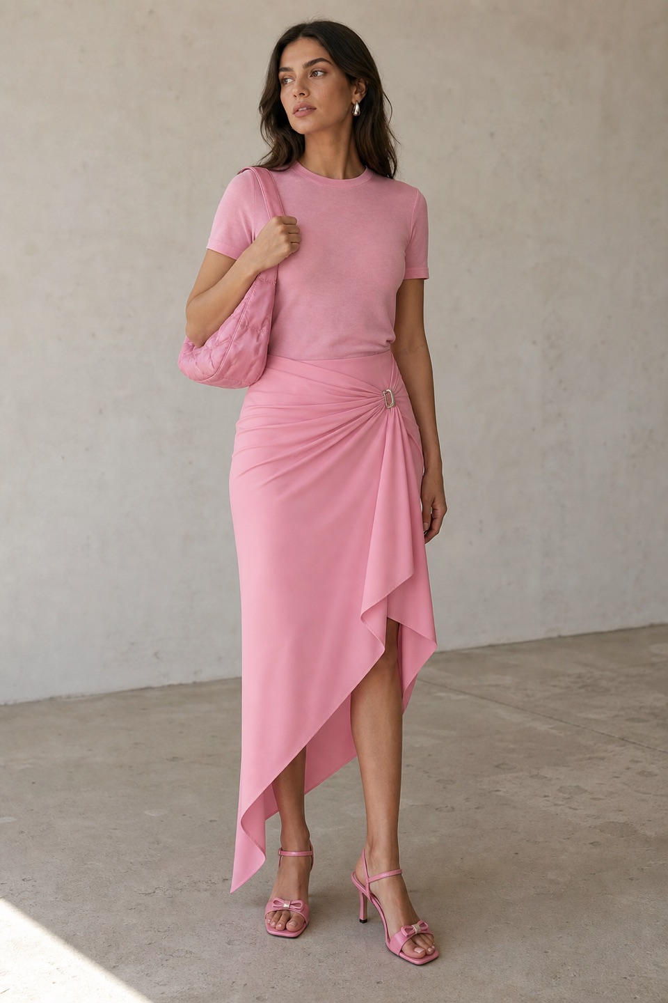 Outfit with Pink Sheer Silk Crew Neck T-Shirt, Pink Asymmetrical Draped Tech Fabric Skirt, Pink Heel Sandal curated by @dopasnap