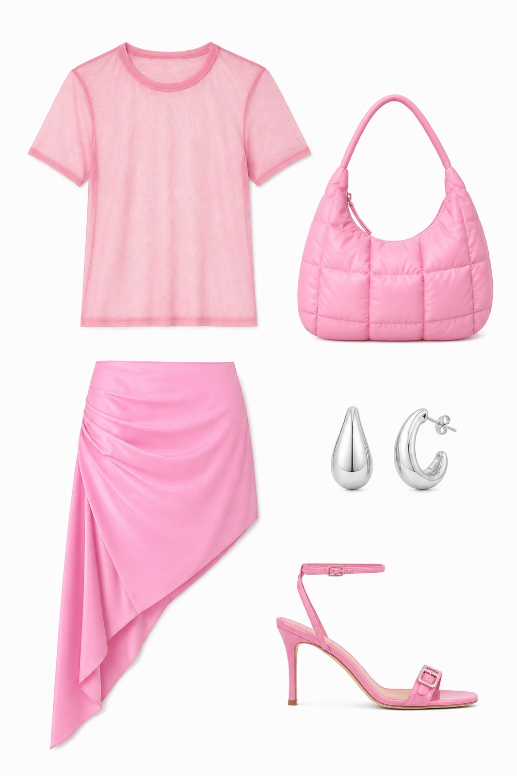 Outfit with Pink Sheer Silk Crew Neck T-Shirt, Pink Asymmetrical Draped Tech Fabric Skirt, Pink Heel Sandal curated by @dopasnap