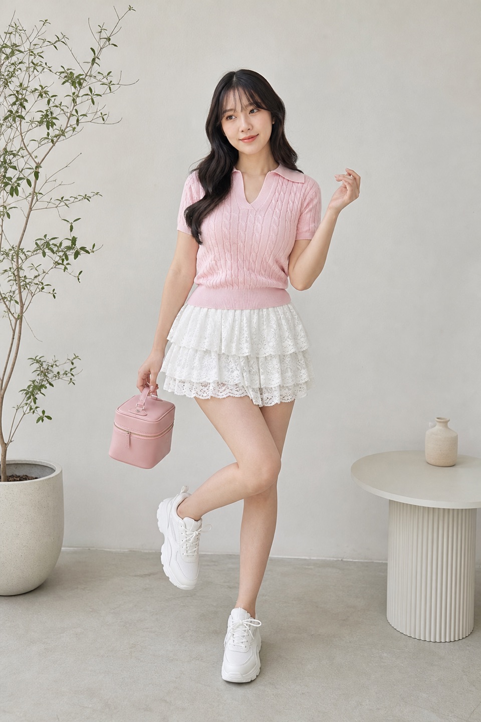 Outfit with Chunky Sneakers for Women Fashion Platform White Leather Casual Dad, Pink Womens Cable Short Sleeve Sweaters Tops Lapel V Neck Knit Shirt, Women Y2k Lace Layered Mini Skirt Ruffle Tiered Skirt(Puffy White curated by @dopasnap