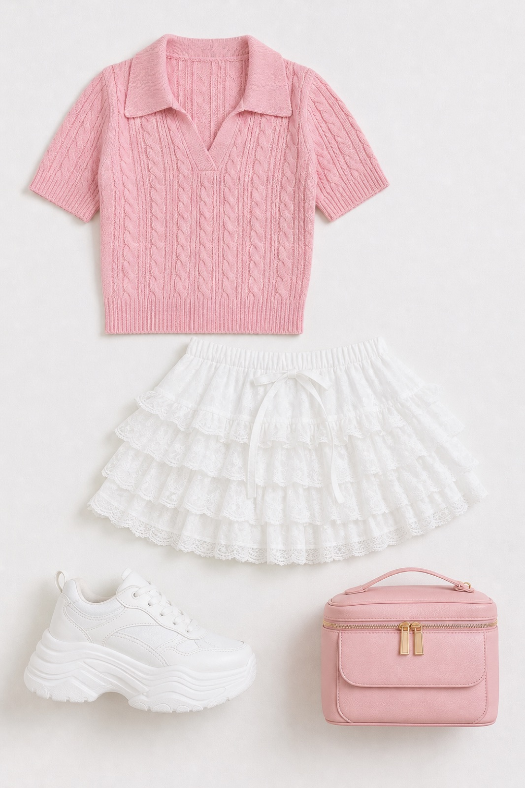 Outfit with Chunky Sneakers for Women Fashion Platform White Leather Casual Dad, Pink Womens Cable Short Sleeve Sweaters Tops Lapel V Neck Knit Shirt, Women Y2k Lace Layered Mini Skirt Ruffle Tiered Skirt(Puffy White curated by @dopasnap