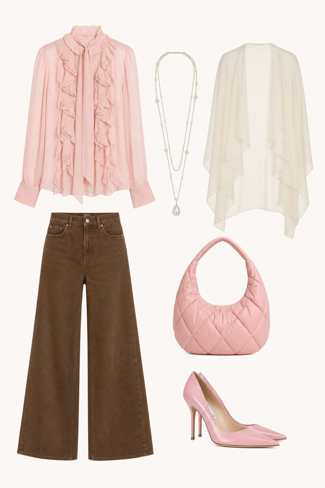 Outfit with Pink Ruffled Silk Shirt, Brown Wide-Leg Jeans, Pink Stiletto Pumps curated by @dopasnap
