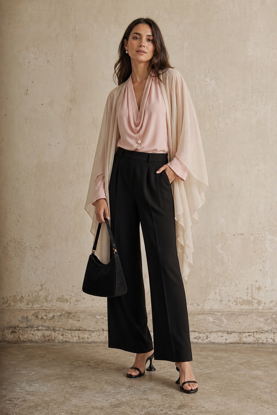 Outfit with Pink Draped Silk Blouse, Black Wide-Leg Trousers, Black Sculptural-Heel Sandals curated by @dopasnap