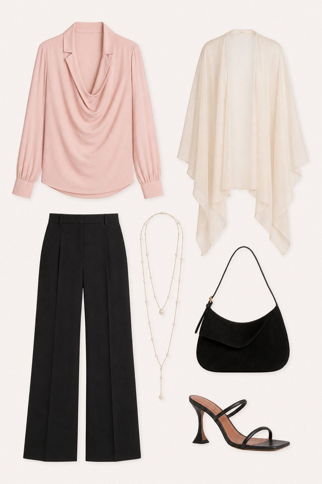 Outfit with Pink Draped Silk Blouse, Black Wide-Leg Trousers, Black Sculptural-Heel Sandals curated by @dopasnap