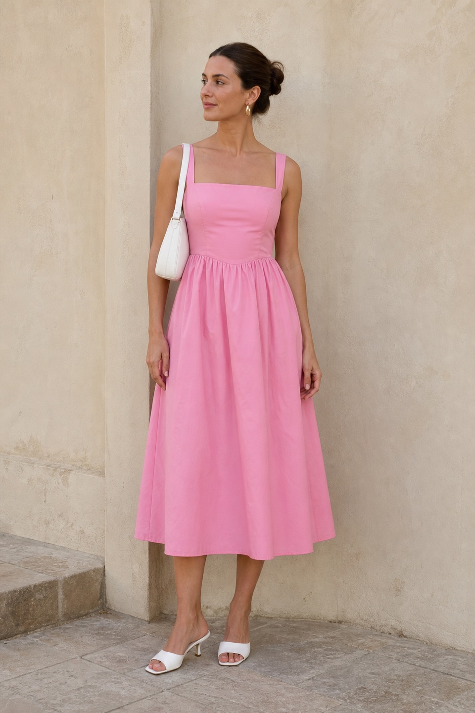 Outfit with Pink Dress, White Mule Heels, White Shoulder Bag curated by @dopasnap