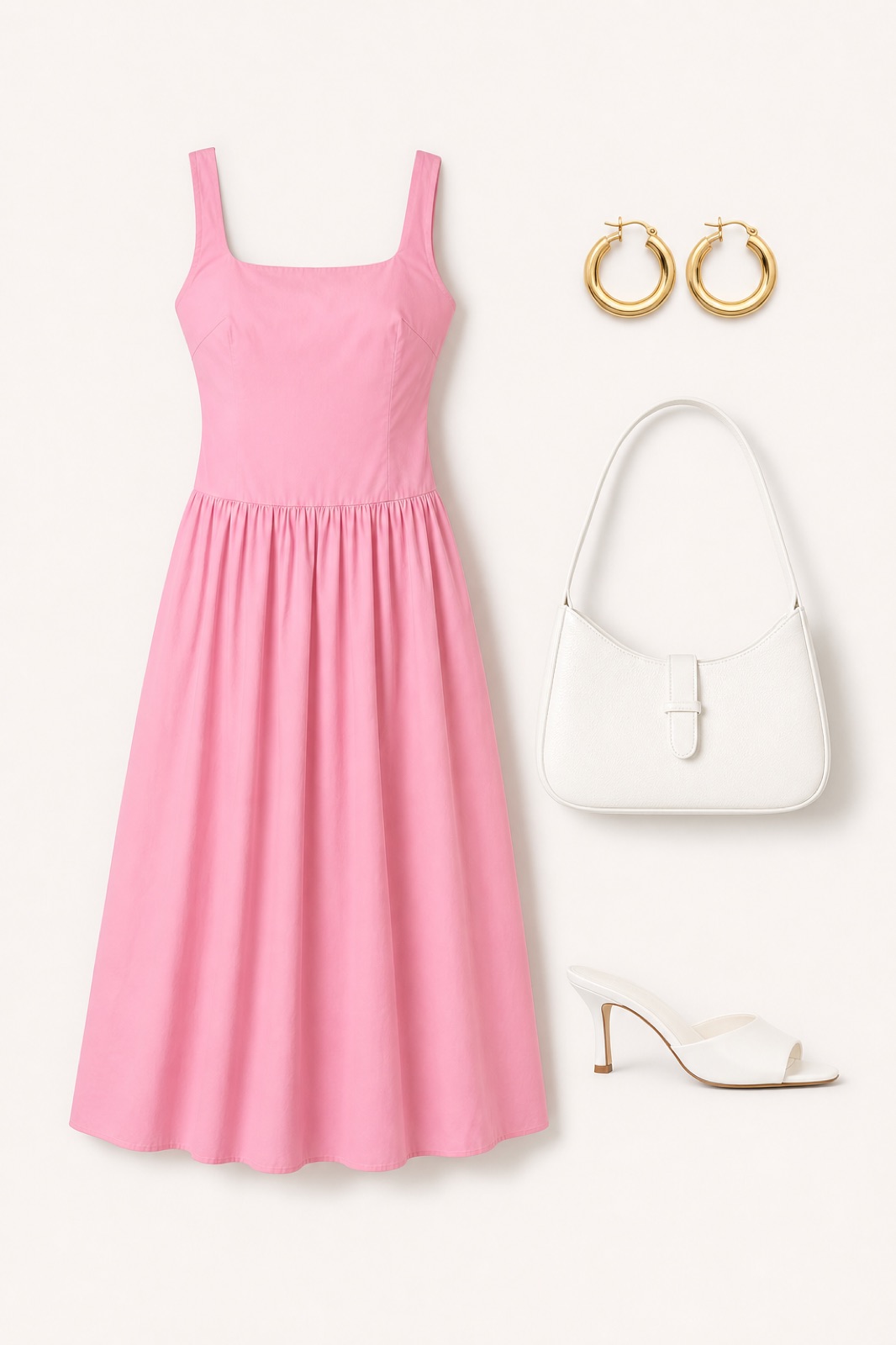 Outfit with Pink Dress, White Mule Heels, White Shoulder Bag curated by @dopasnap