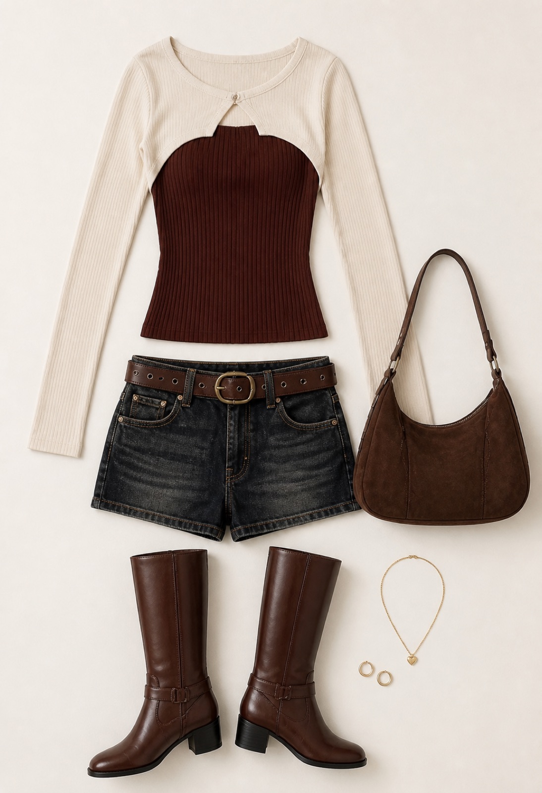 Outfit with Rust Ribbed Bodysuit, Cream Cropped Bolero, Dark Denim Shorts curated by @dopasnap