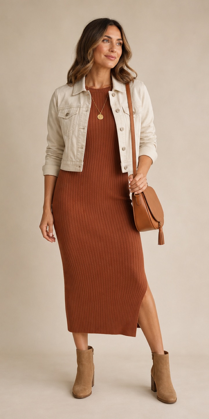 Outfit with Rust ribbed knit midi dress, Cream cropped denim jacket, Tan ankle boots curated by @dopasnap