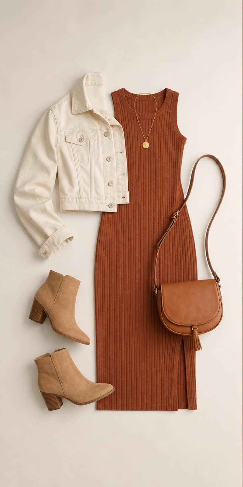 Outfit with Rust ribbed knit midi dress, Cream cropped denim jacket, Tan ankle boots curated by @dopasnap