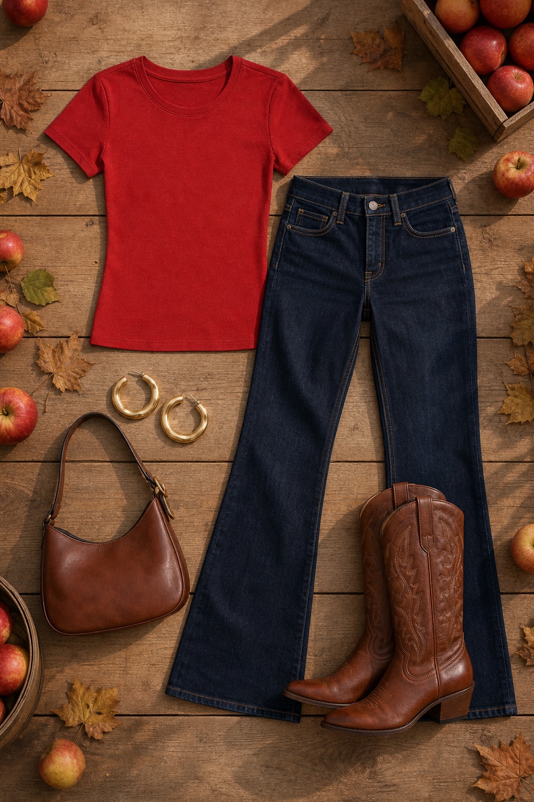 Outfit with red crew neck short sleeve fitted t-shirt, Dark Wash Bootcut Jeans, Cowboy boot jeans curated by @dopasnap