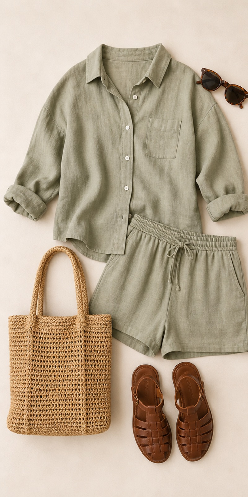 Outfit with Sage linen button-up shirt, Sage relaxed linen shorts, Brown leather fisherman sandals curated by @dopasnap