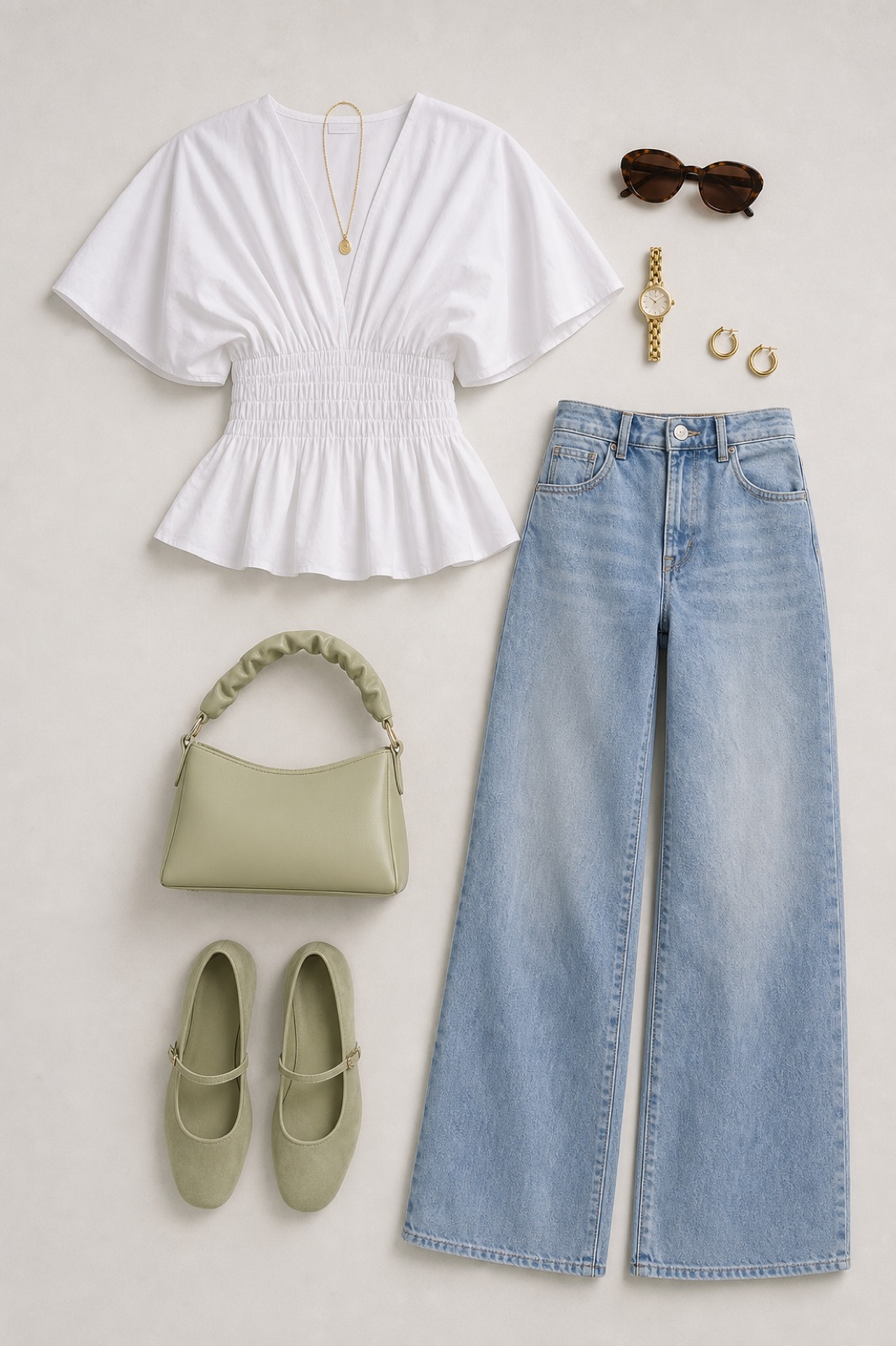 Outfit with White V-neck gathered-waist short-sleeve peplum blouse, Light-wash full-length wide-leg jeans, Pale-sage shoulder bag with gathered handle curated by @dopasnap