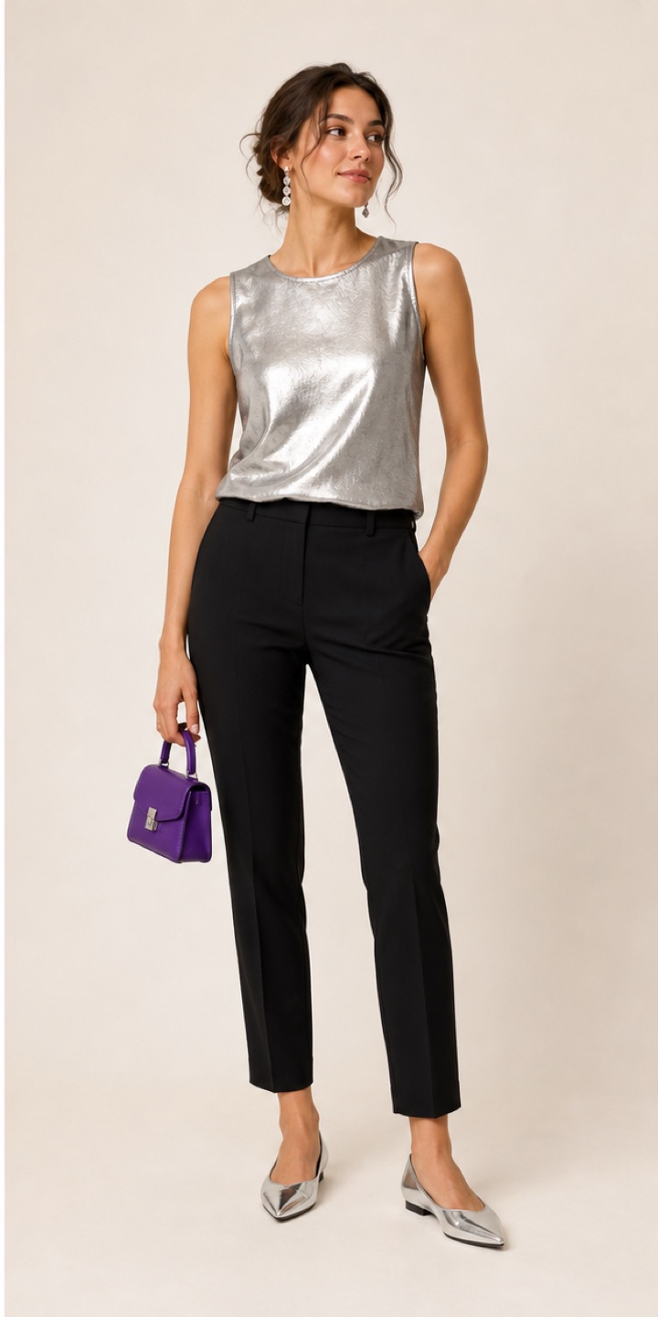 Outfit with Metallic silver sleeveless top, Black tailored cigarette pants, Silver pointed flats curated by @dopasnap