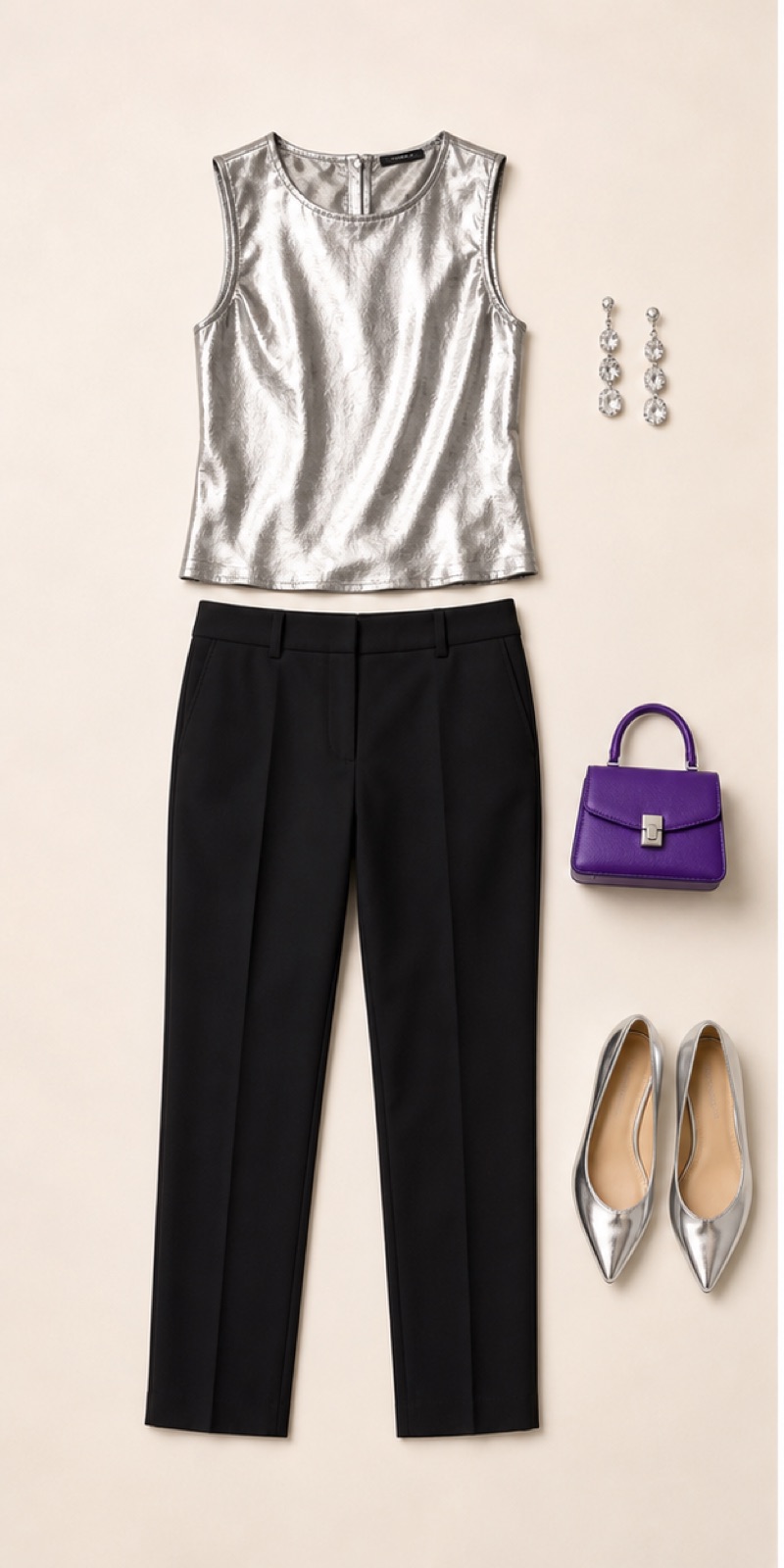 Outfit with Metallic silver sleeveless top, Black tailored cigarette pants, Silver pointed flats curated by @dopasnap