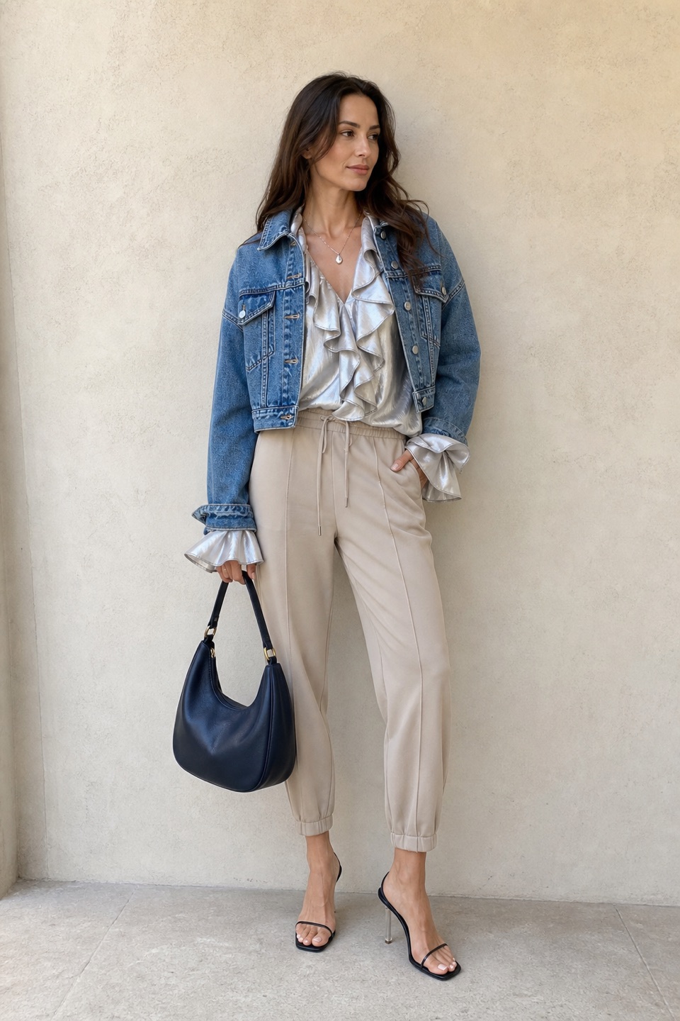 Outfit with Silver Ruffled Bow Blouse, Beige Tapered Trousers, Black Heeled Sandals curated by @dopasnap