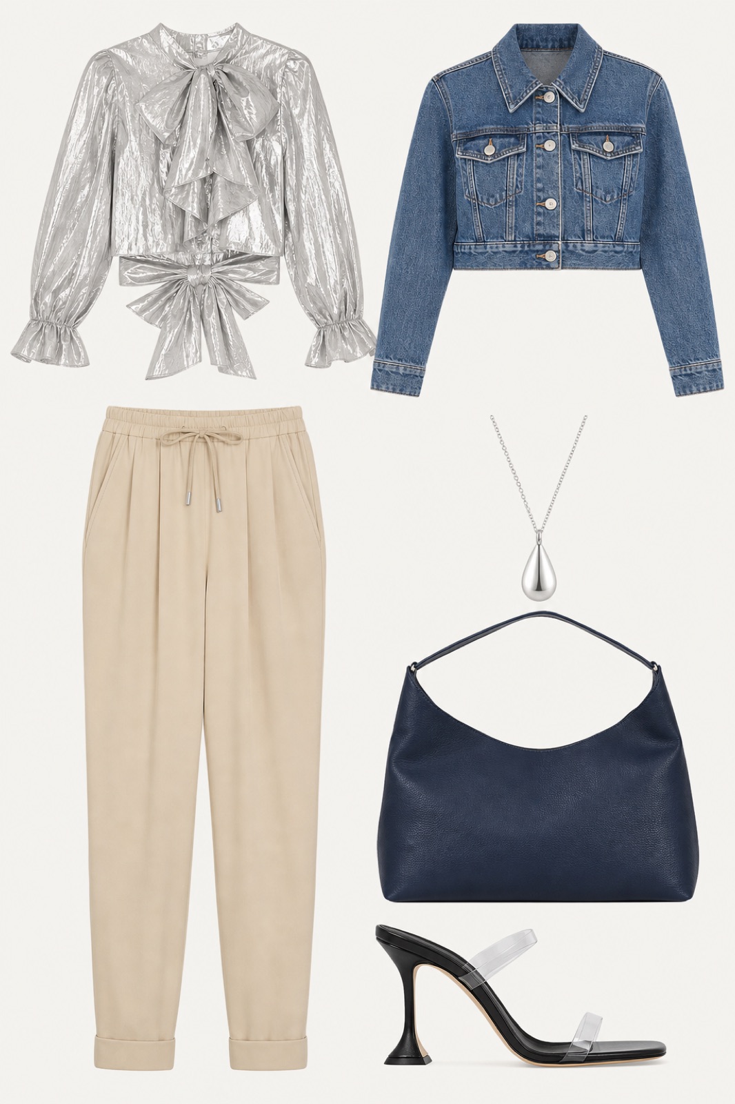Outfit with Silver Ruffled Bow Blouse, Beige Tapered Trousers, Black Heeled Sandals curated by @dopasnap