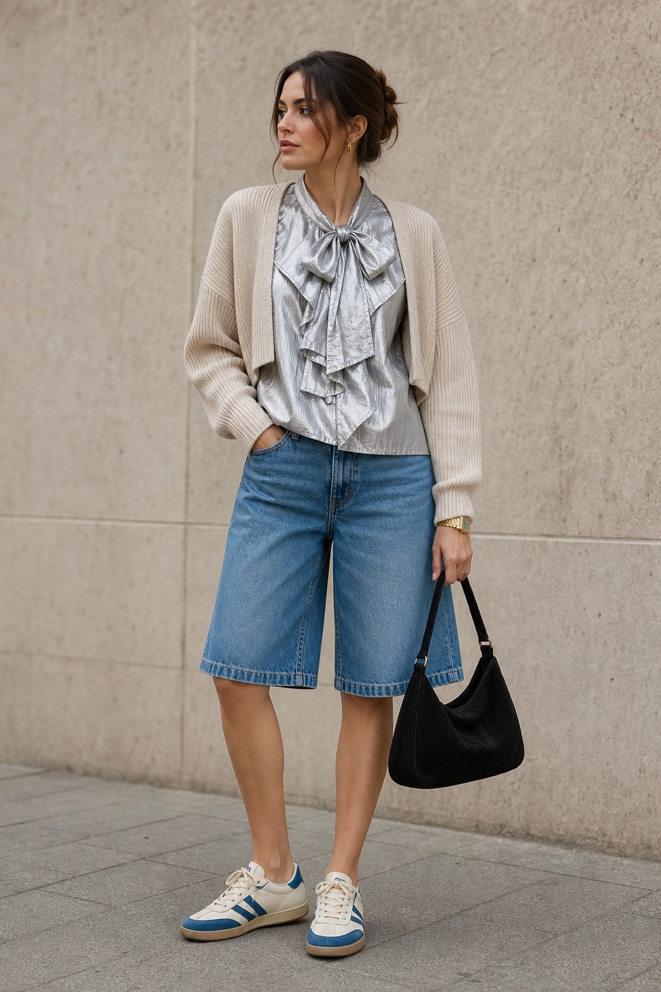 Outfit with Silver Ruffled Bow Blouse, Blue Bermuda Shorts, Beige & Blue Low-Top Sneakers curated by @dopasnap