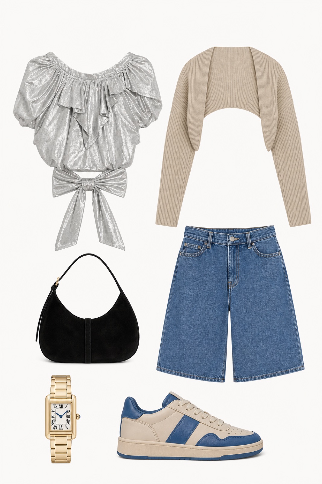 Outfit with Silver Ruffled Bow Blouse, Blue Bermuda Shorts, Beige & Blue Low-Top Sneakers curated by @dopasnap