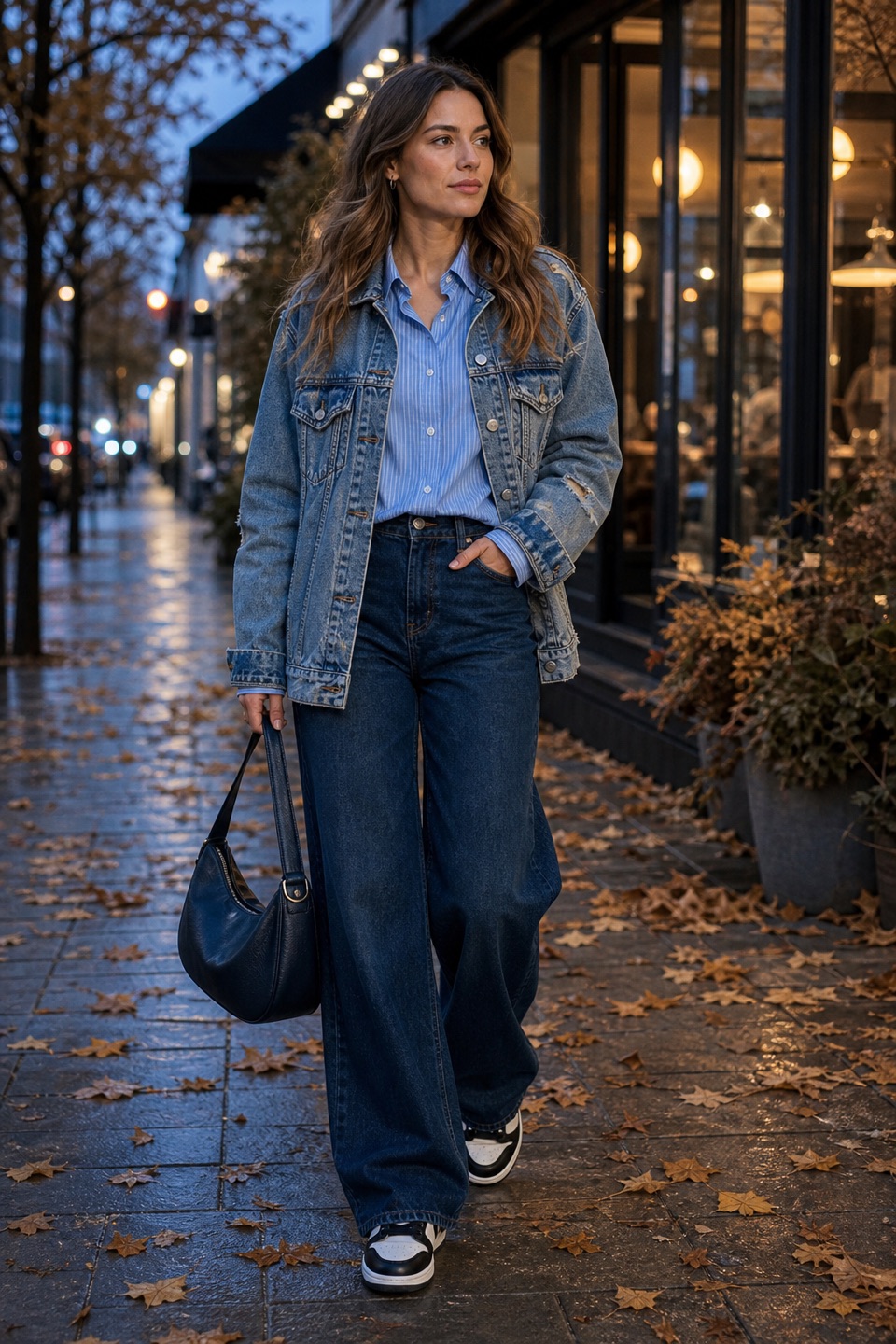 Outfit with Blue Striped Button-Up Shirt, Denim blue Medium-Wash Distressed Oversized Denim Jacket, dark blue wide-leg denim jeans curated by @dopasnap