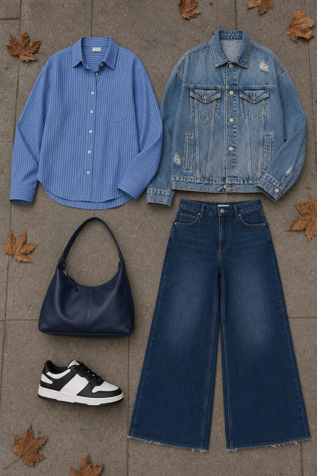 Outfit with Blue Striped Button-Up Shirt, Denim blue Medium-Wash Distressed Oversized Denim Jacket, dark blue wide-leg denim jeans curated by @dopasnap