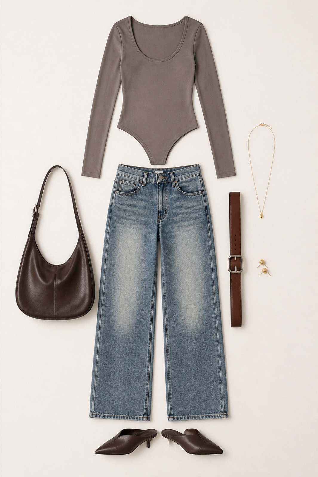 Outfit with Taupe Scoop-Neck Bodysuit, Low-Rise Faded Jeans, Brown Belt curated by @dopasnap