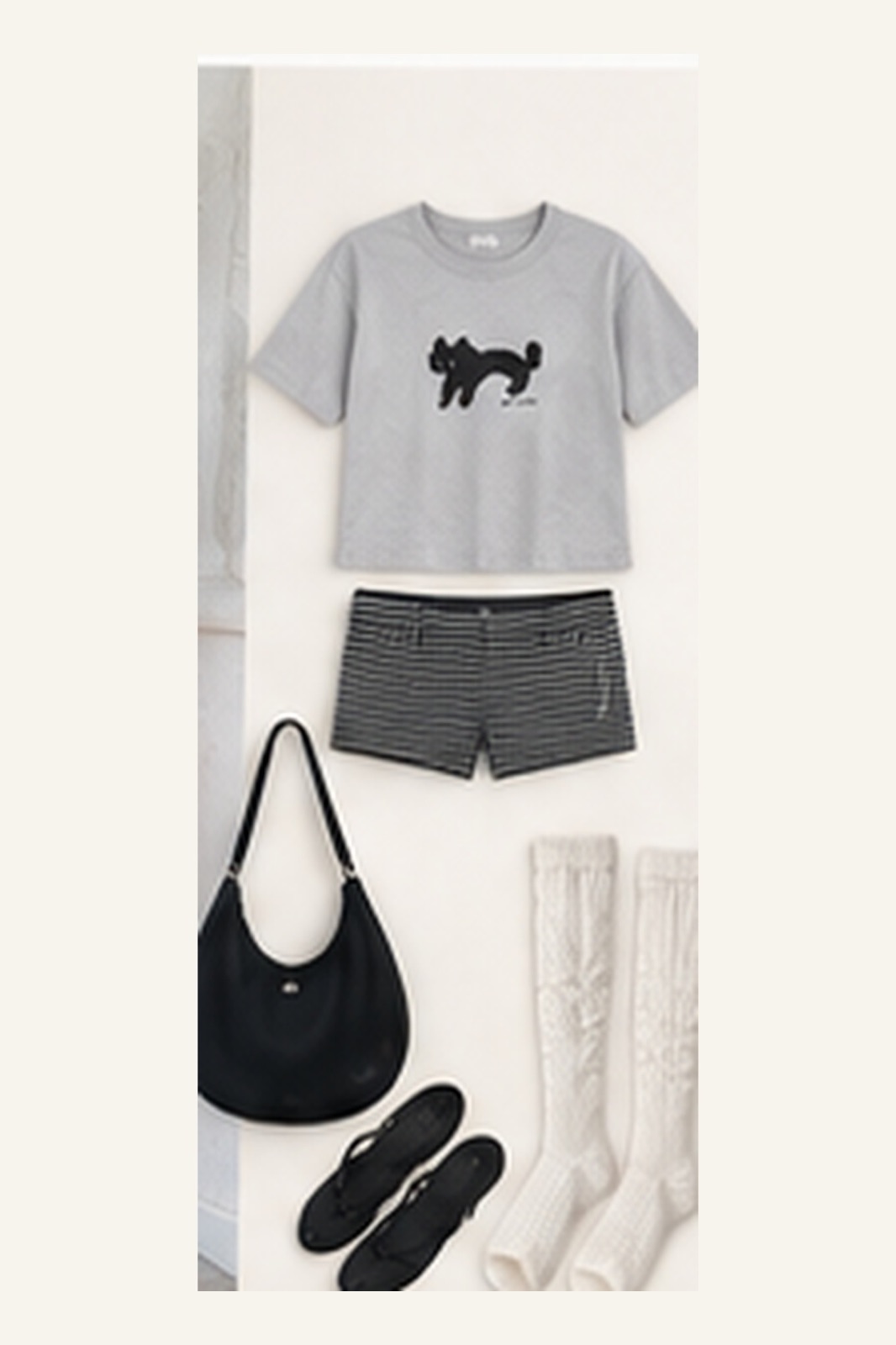 Outfit with Gray graphic T-shirt, White lace long-sleeve layer, Striped micro shorts curated by @dopasnap