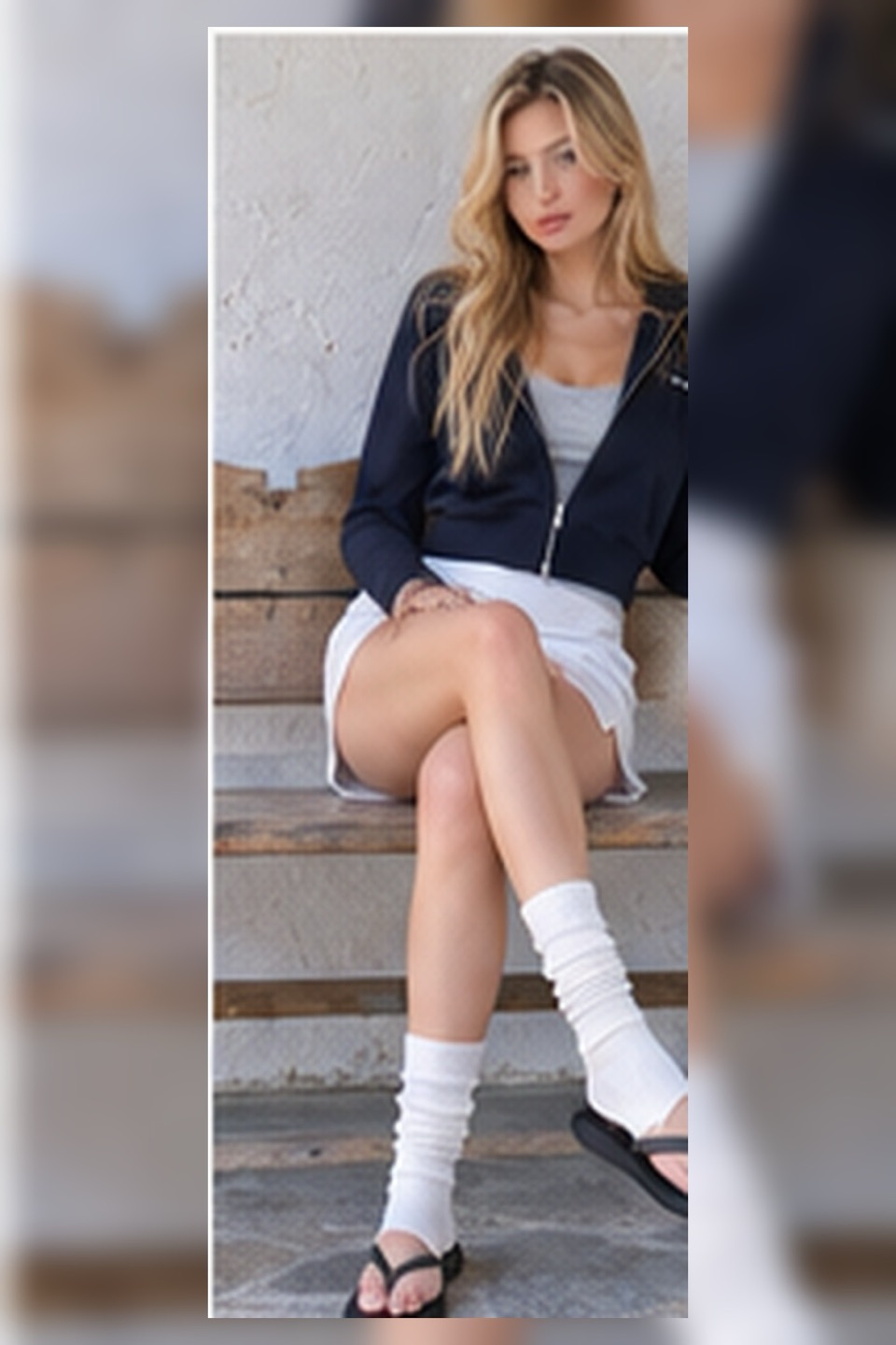 Outfit with Navy zip hoodie, Gray ribbed tank, White mini skirt curated by @dopasnap
