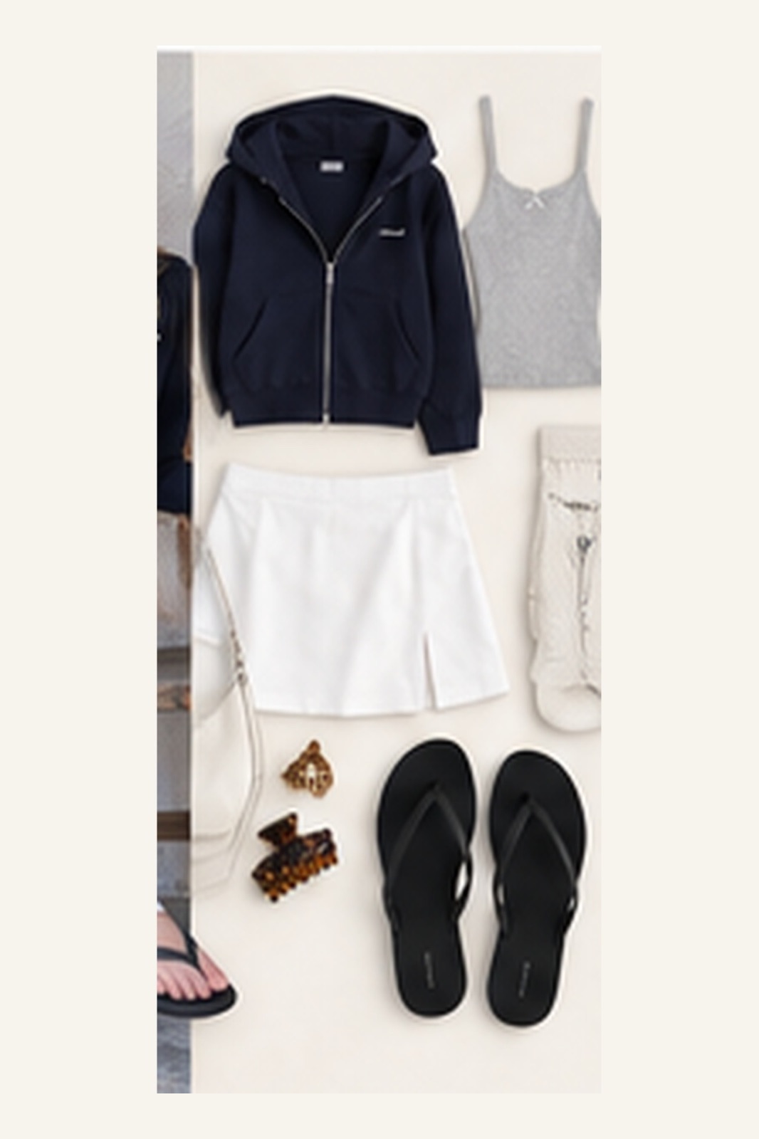 Outfit with Navy zip hoodie, Gray ribbed tank, White mini skirt curated by @dopasnap