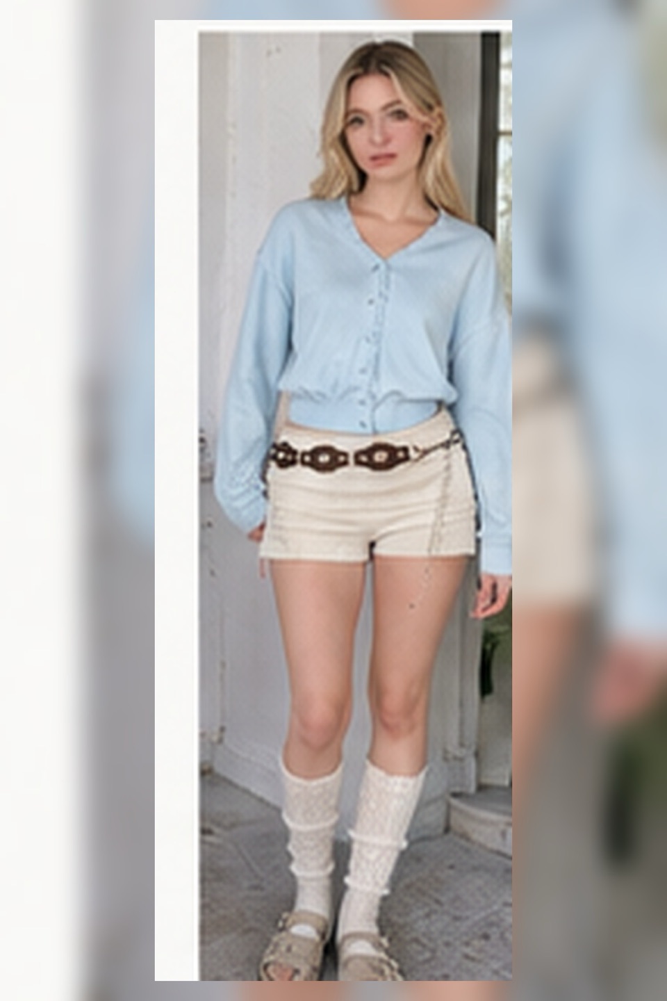 Outfit with Light-blue cardigan, Cream tailored shorts, Brown western belt curated by @dopasnap