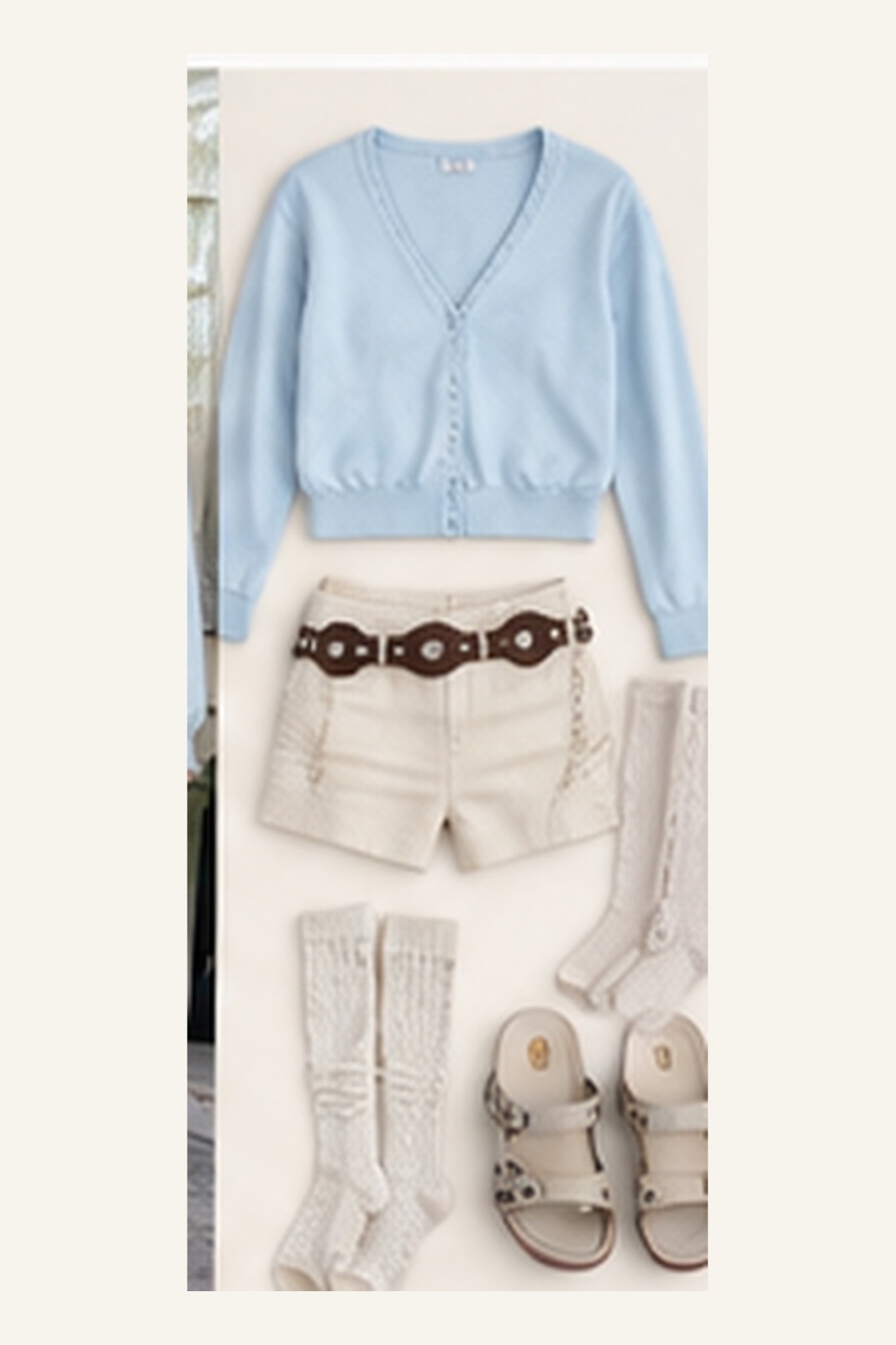 Outfit with Light-blue cardigan, Cream tailored shorts, Brown western belt curated by @dopasnap
