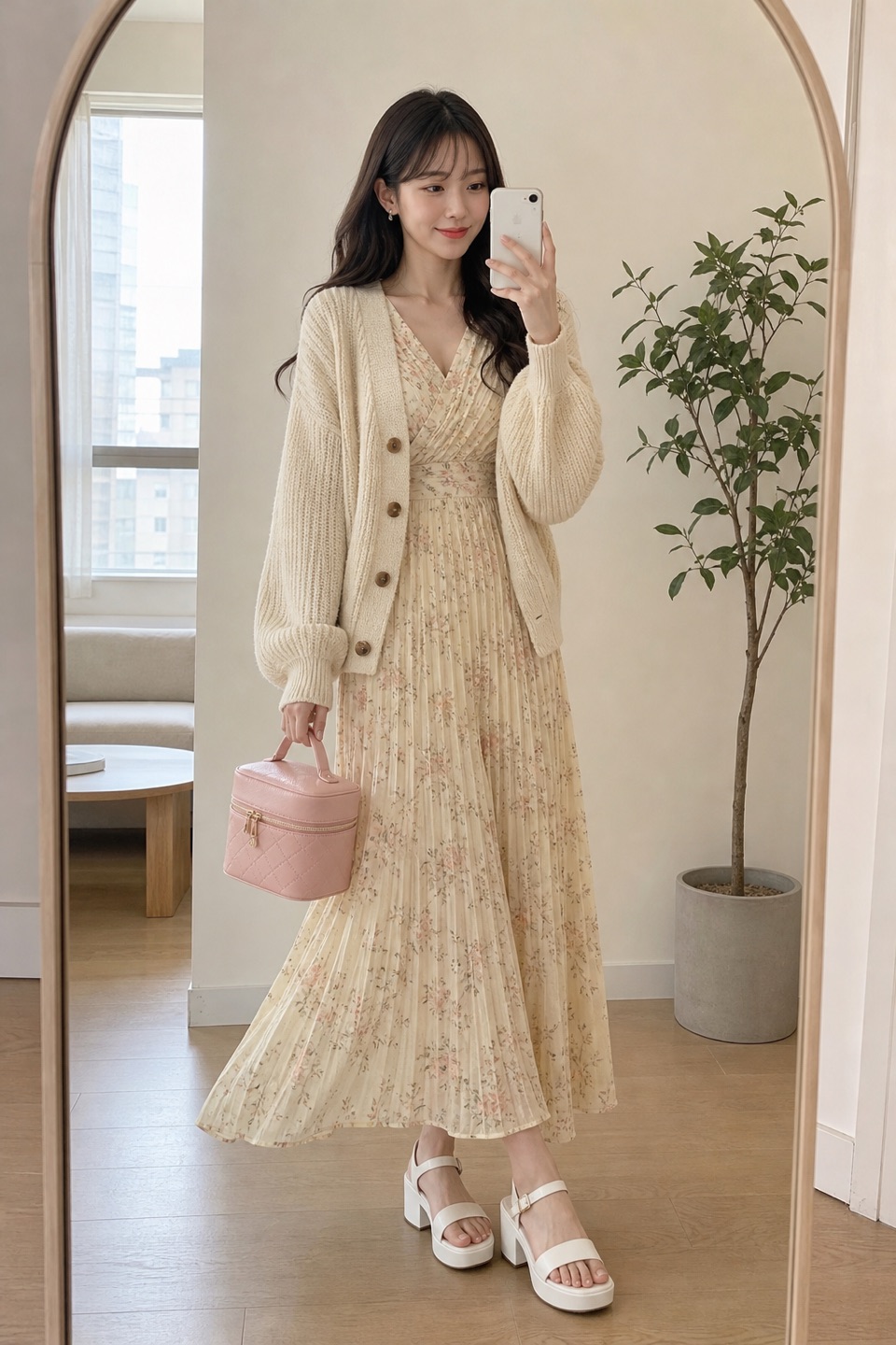 Outfit with Cream Womens Oversized Cardigans Long Lantern Sleeve Button Down, Pink Cosmetic Case, Leather Makeup Bag, Portable Handheld Makeup, Cream Women's Floral Pleated Maxi Dress V Neck Long Sleeve A Line for curated by @dopasnap