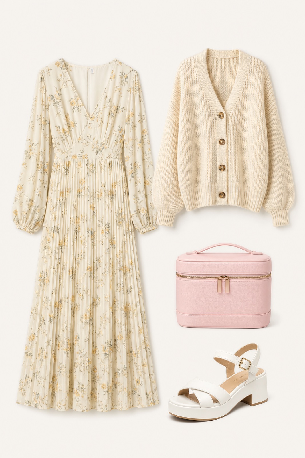 Outfit with Cream Womens Oversized Cardigans Long Lantern Sleeve Button Down, Pink Cosmetic Case, Leather Makeup Bag, Portable Handheld Makeup, Cream Women's Floral Pleated Maxi Dress V Neck Long Sleeve A Line for curated by @dopasnap