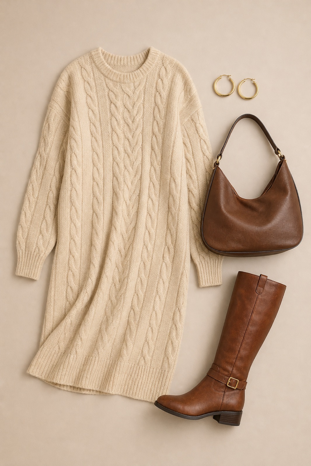 Outfit with Lab Diamond Channel Hoop Earrings, 14K Gold Plated | 1/4 ct, Brown Hobo Purses and handbags for Women Satchel Handbag Women Purses, Cream Sweater Dress for Women Oversized Cable Knit Fall Long Sleeve curated by @dopasnap